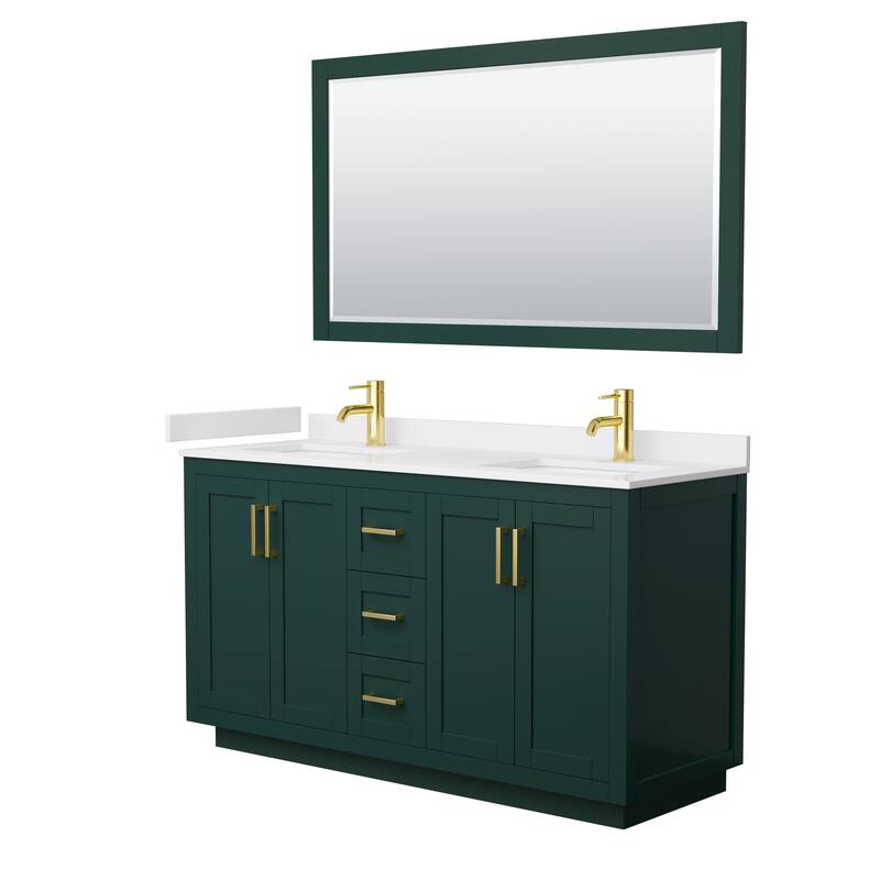 Miranda Bathroom Vanity Set, Cultured Marble Top, 58-Inch Mirror - 60-Inch Double - Green, Gold Trim, White Cultured Marble Top