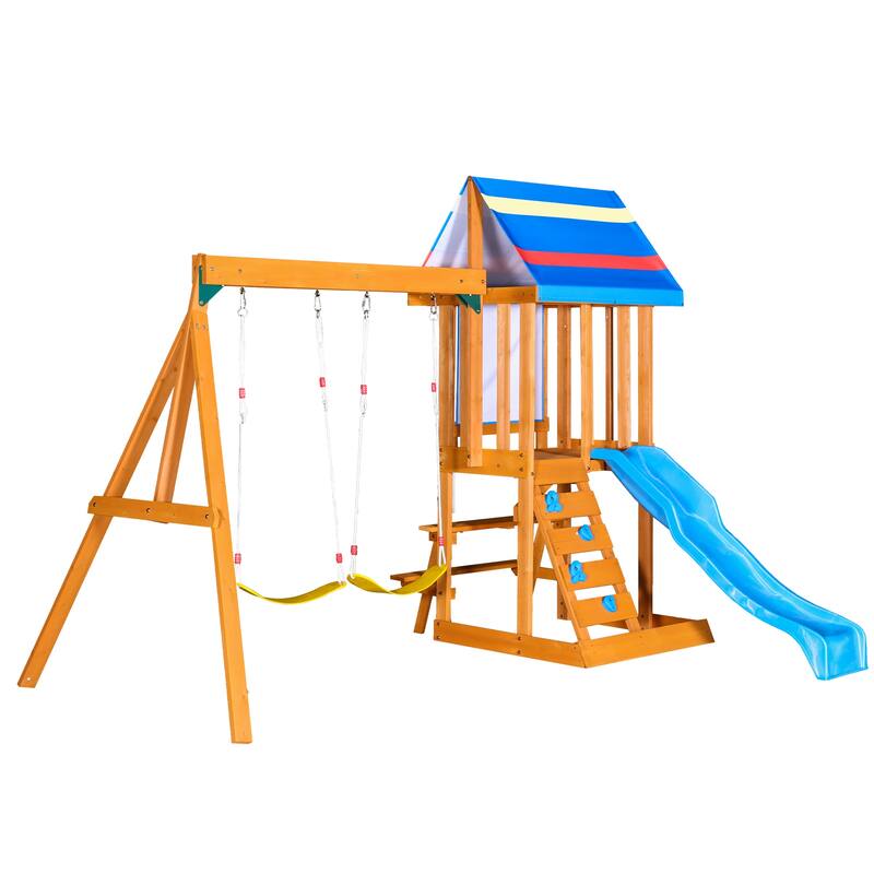 Cedar Wood Outdoor Swing Set 3 in 1 Swing Set, Outdoor Children's Playset with Slide, 2 Swings and Climber for Backyard