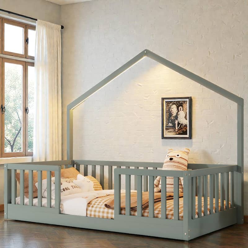 Wood Floor Bed with High Guardrails and LED Light, Montessori Style Low Profile Bed for Kids - Grey - Twin
