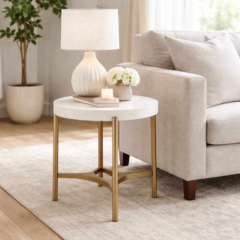 Leyu 23 Inch Round Side End Table, White Concrete Top, Bronze Tripod Base