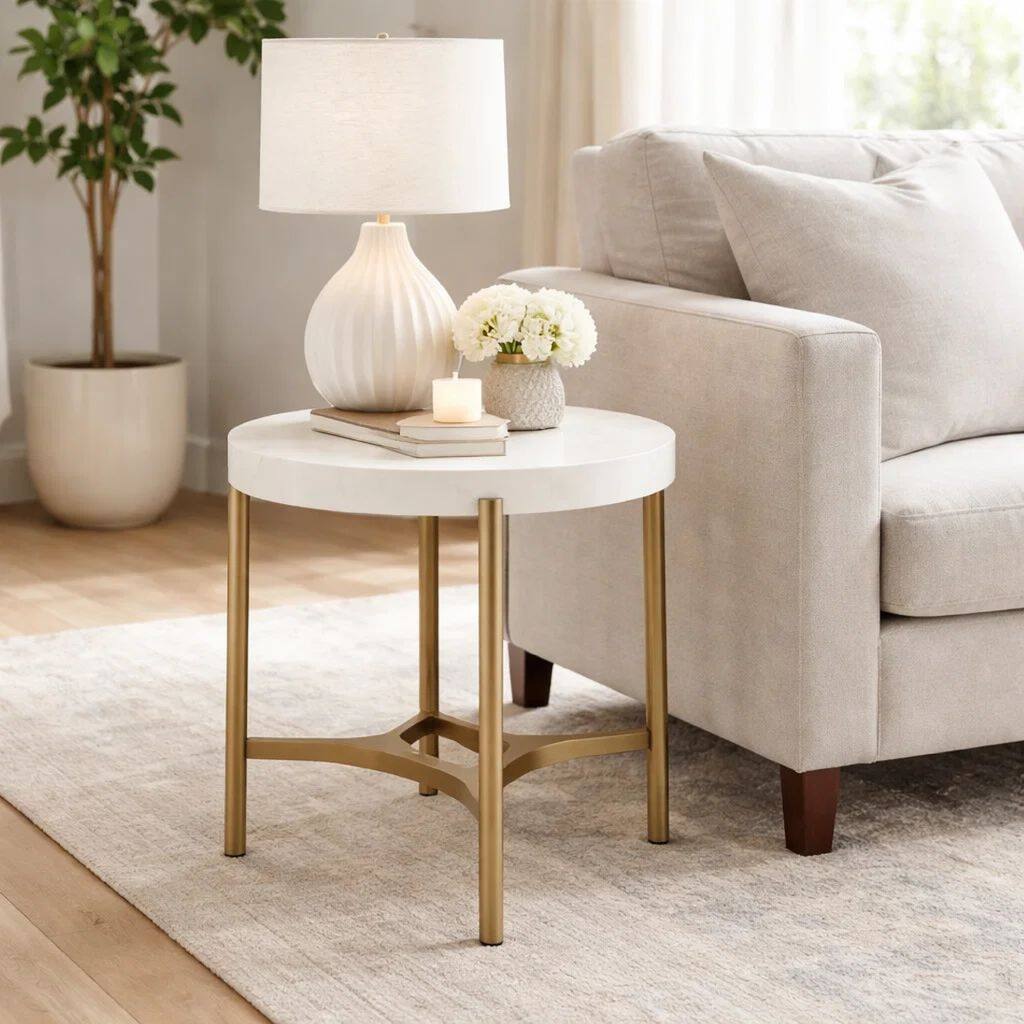 Leyu 23 Inch Round Side End Table, White Concrete Top, Bronze Tripod Base