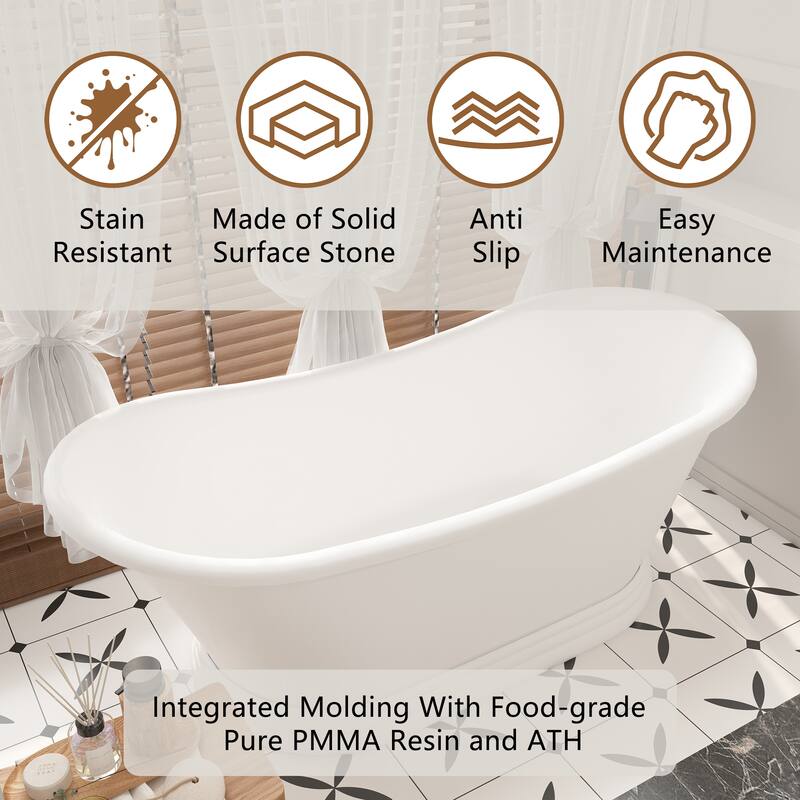 CASAINC 67 Inch Soaking Bathtub Solid Surface Stone Bathtub with Center Drain in Matte White - 67 Inch