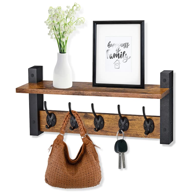 Sorbus Coat Hooks Wall Mount Floating Shelf with 5 Heavy Duty Hooks, Large and Extra Large - Brown - Large
