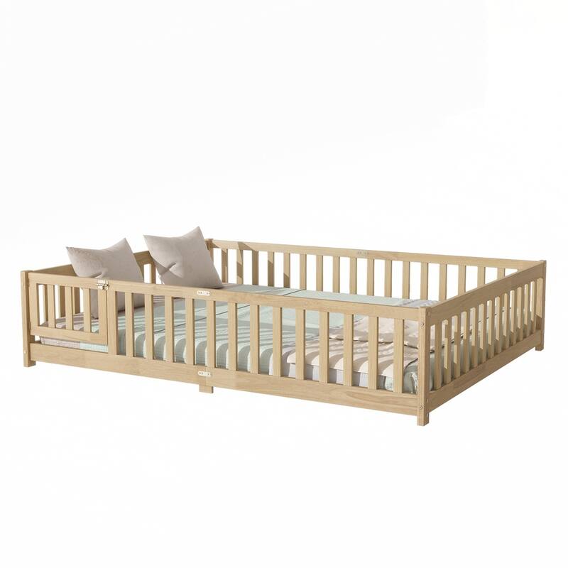 Rubber Wood Floor Bed with Safety Guardrails