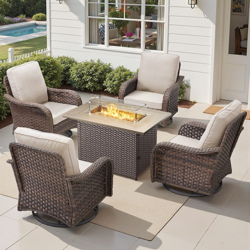 Pocassy Patio Funiture Swivel Chairs with Fire Table Set - Beige Cushion - Brown Wicker - 5-Piece Swivel Chair with Fire Pit Table