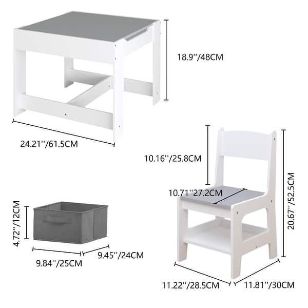 Kids Table and Chair Set, 3 in 1 Wooden Activity Table with Storage Drawer, 2 in 1 Detachable Tabletop Table Set