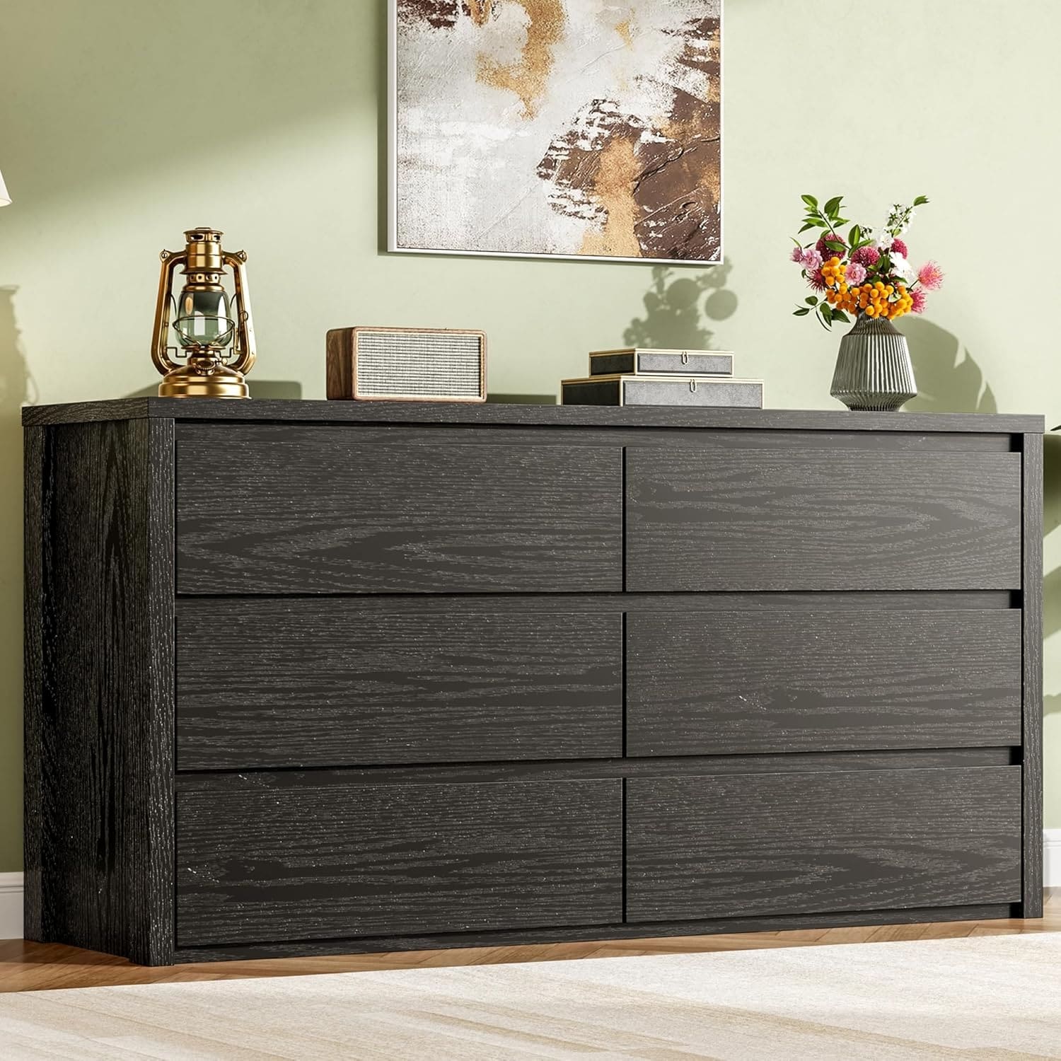 Farmhouse Wooden Drawer Dresser, Handle-Free Storage Cabinet with Drawers & Anti-Tip Safety for Home Office