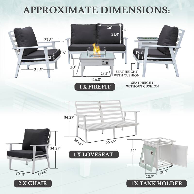 Walbrooke Polyester Upholstered Aluminum Powder Coated Outdoor Patio Furniture Set with Fire Pit Table