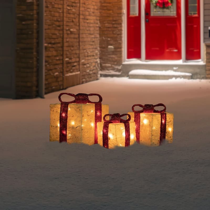 Set of 3 Lighted Cream Gift Boxes Outdoor Christmas Decorations 10"