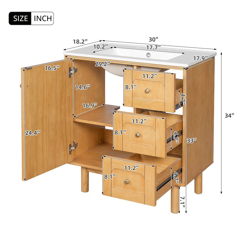 30'' Freestanding Bathroom Vanity with Single White Integrated Ceramic Sink - 30'' x 18.2'' x 34''