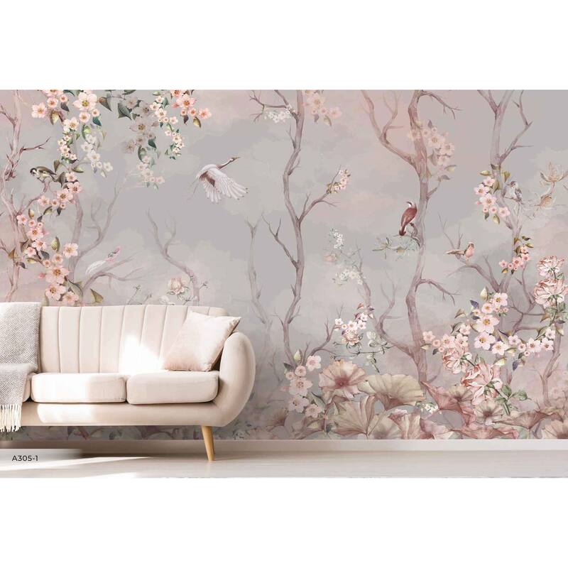 Cherry Blossom and Birds Wallpaper Mural Pastel Floral Serenity