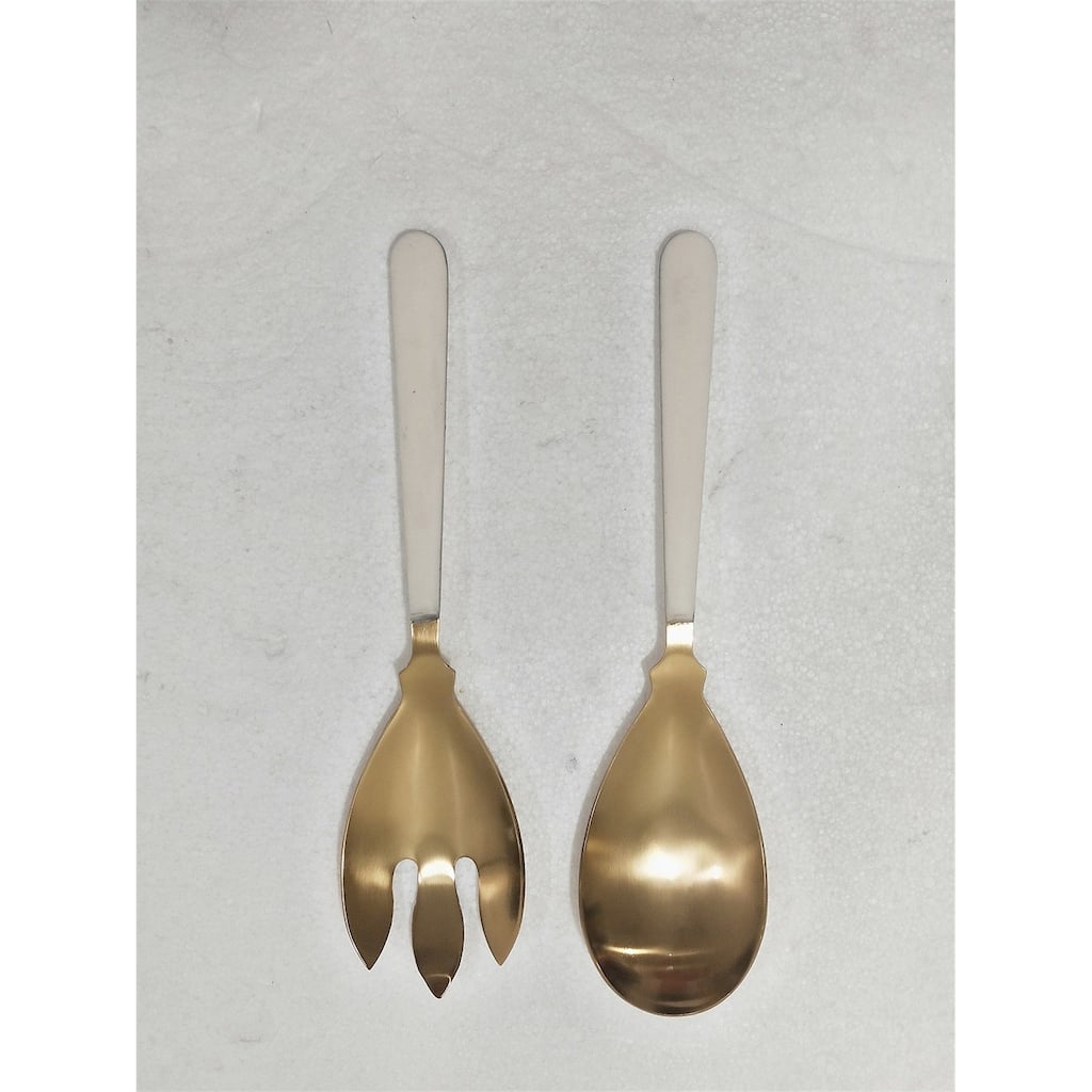 Set of 2 Salad Servers Gold w/ White Resin Handles in Giftbox - Gold & White