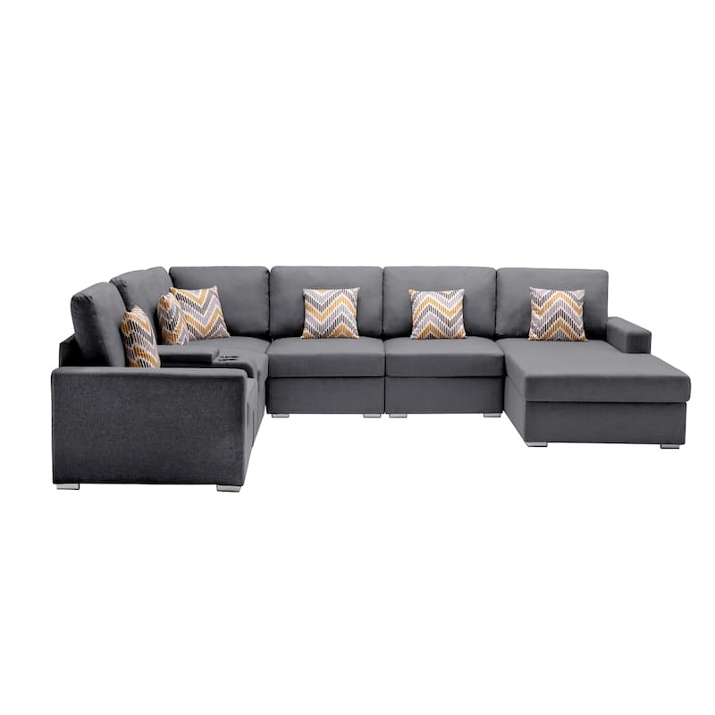 Linen Fabric 7 Piece U-Shaped Reversible Chaise Sectional Sofa with Storage Console Table and 6 Pillows - Gray