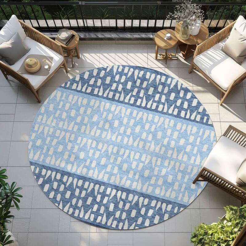 Machine Washable Indoor/ Outdoor Stripe Geo Chantille Rug - Blue - 8' x 8'