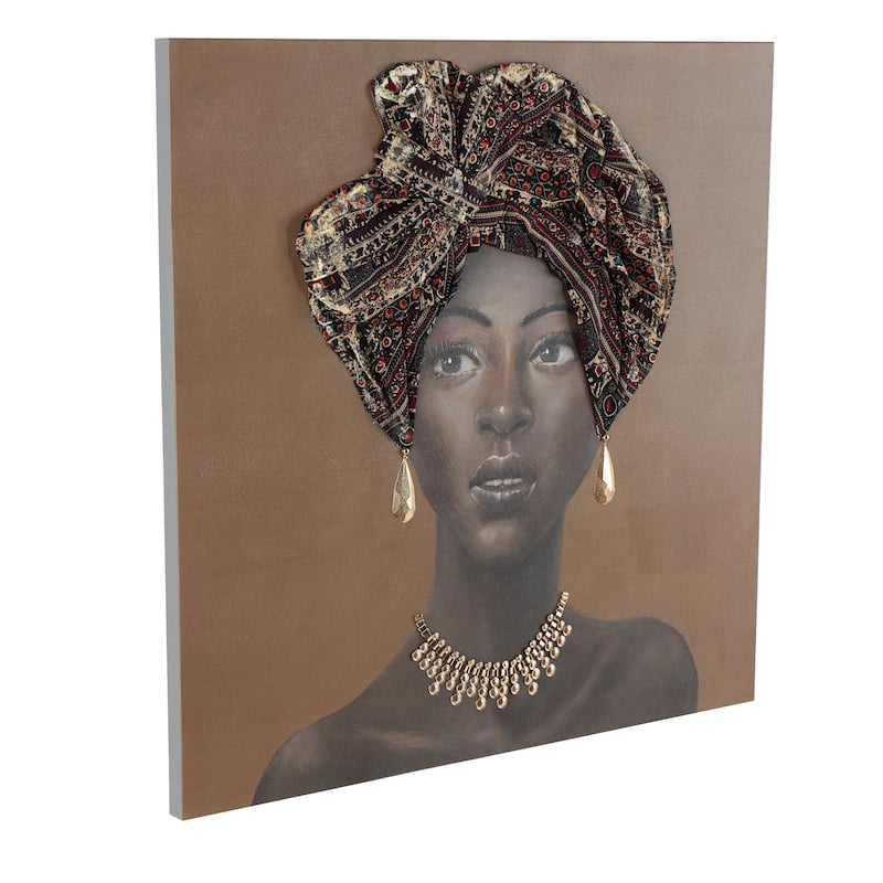 Canvas Woman Wall Art with 3D Fabric Headwear And Gold Jewels - Brown - Roche River Decor