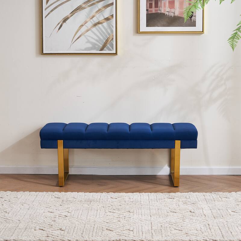 Upholstered Bedroom Bench Tufted Entryway Bench Modern End of Bed Bench Dining Bench with Gold/Black Metal Legs for Window - 46.5" Wide - Navy