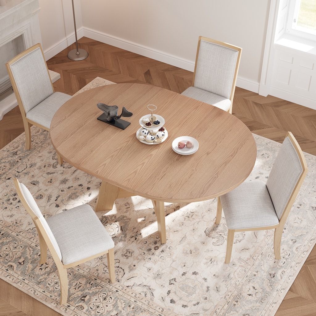 Roomfitters 5-Piece Extendable Round Dining Table Set with Removable Leaf and 4 Upholstered Chairs