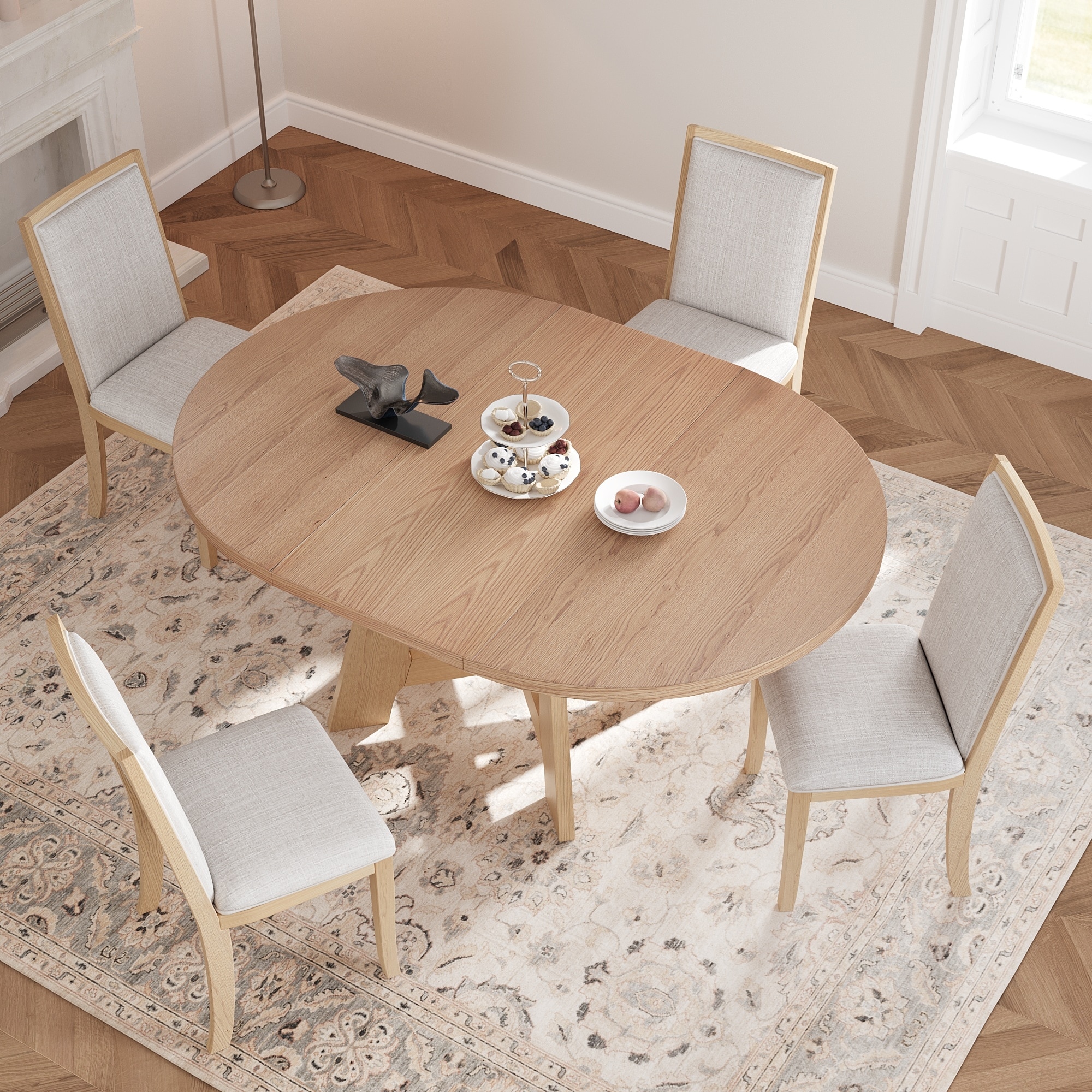 Roomfitters 5-Piece Extendable Round Dining Table Set with Removable Leaf and 4 Upholstered Chairs