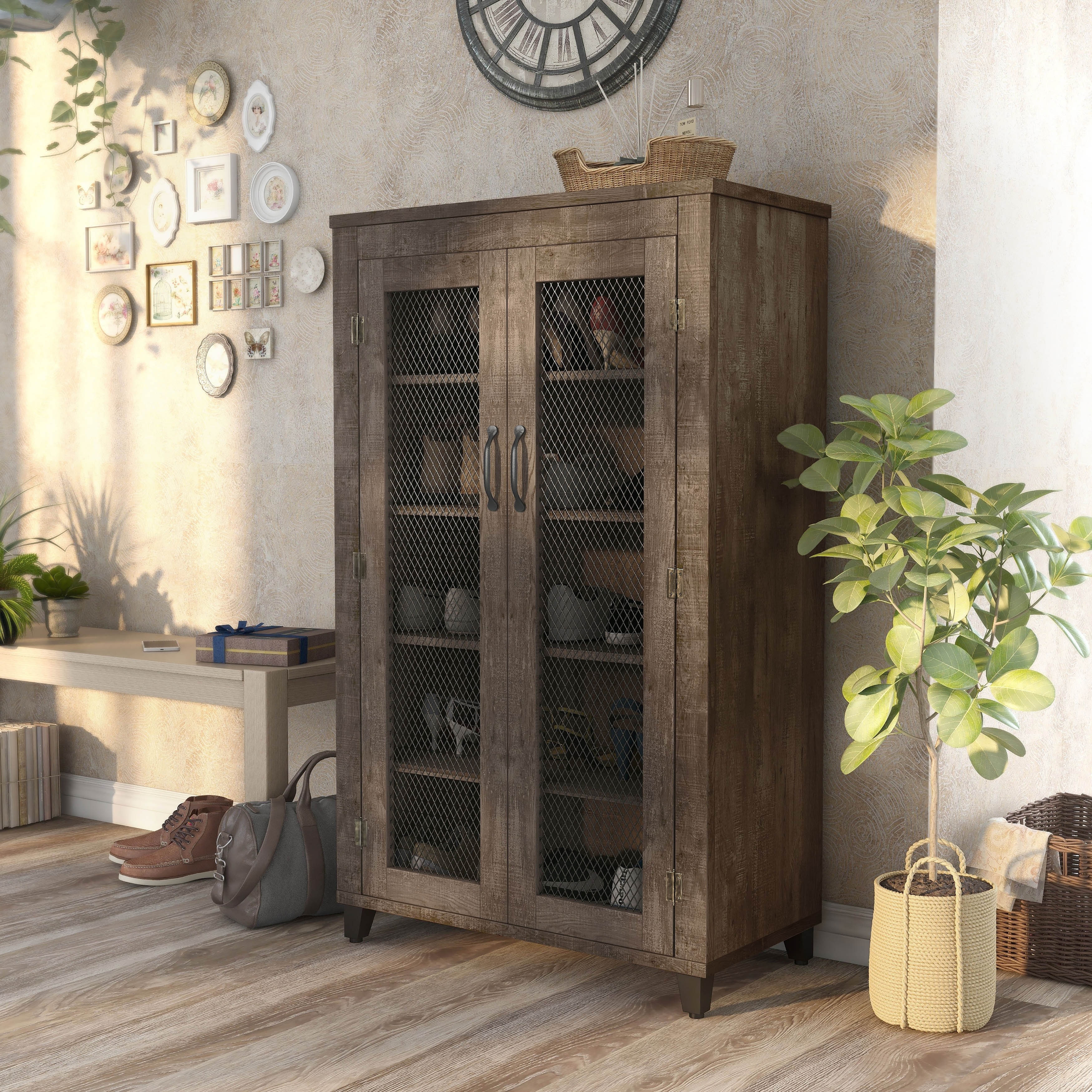 DH BASIC Rustic Reclaimed Oak 5 Shelf Shoe Cabinet by Denhour
