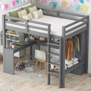 Wood Frame Twin Size Loft Bed with L-shaped Desk,Wardrobe and Storage Shelves