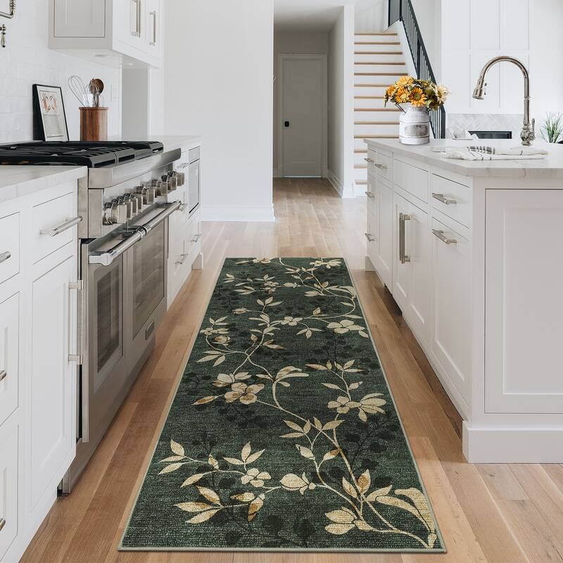 Modern Leaves Pattern Area Rug Botanical Print Washable Rugs for Living Room Bedroom Non-Slip Low Pile Floor Carpet