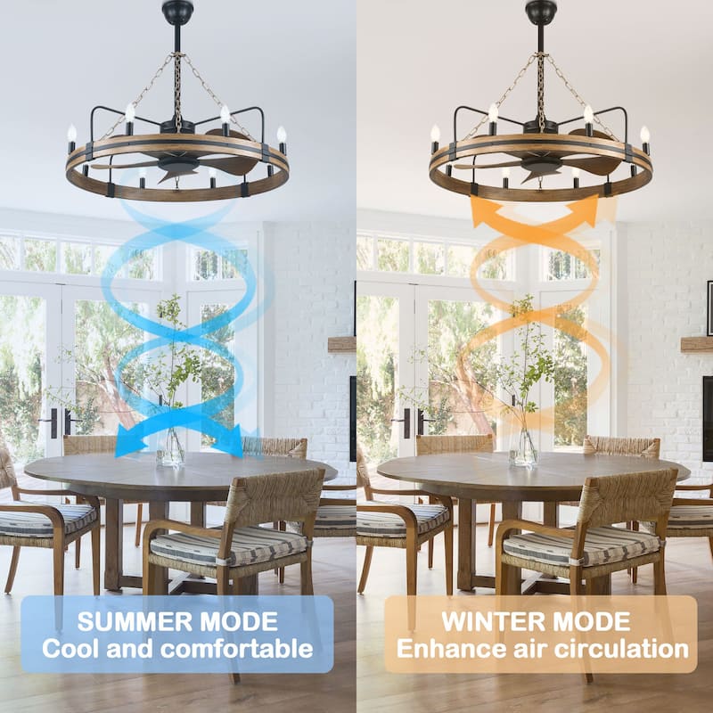 Cusp Barn 36 Inch Rustic Wagon Wheel Ceiling Fan with Light and Remote, Industrial 6 Speeds Fandelier Ceiling Fan for Bedroom