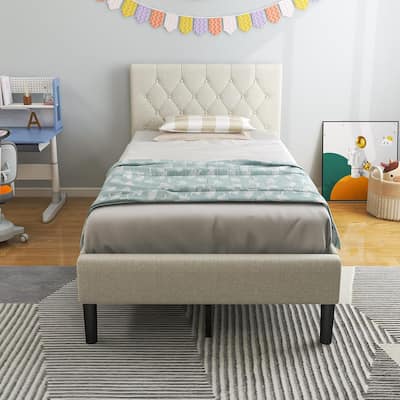 Twin Bed Frames for Kids Upholstered Platform Bed w/ Tufted Headboard