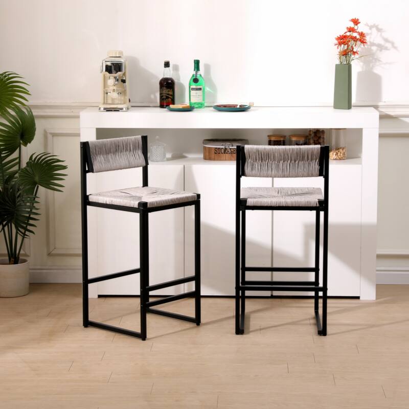 Woven Bar Stools Set of 2 Hand Weave Counter Stool with footrest for Kitchen Island, Dining Room