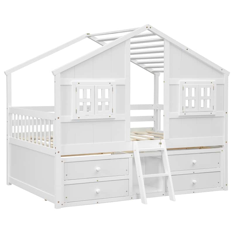Full Size House-shaped Loft Bed with House Roof Frame Skylight Windows 4 Storage Drawers Guardrails and Stairs for Kids' Room
