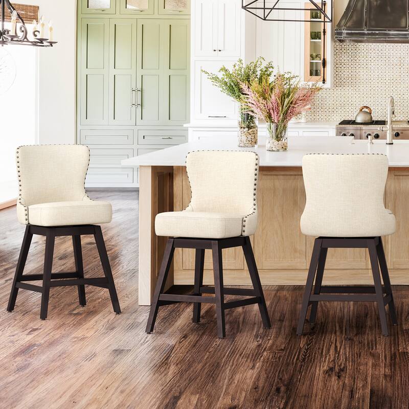 Modern 26 in. H Counter Height Bar Stools Upholstered 360 Free Swivel Counter Stools with Nailhead Trim - Set of 3 - Beige