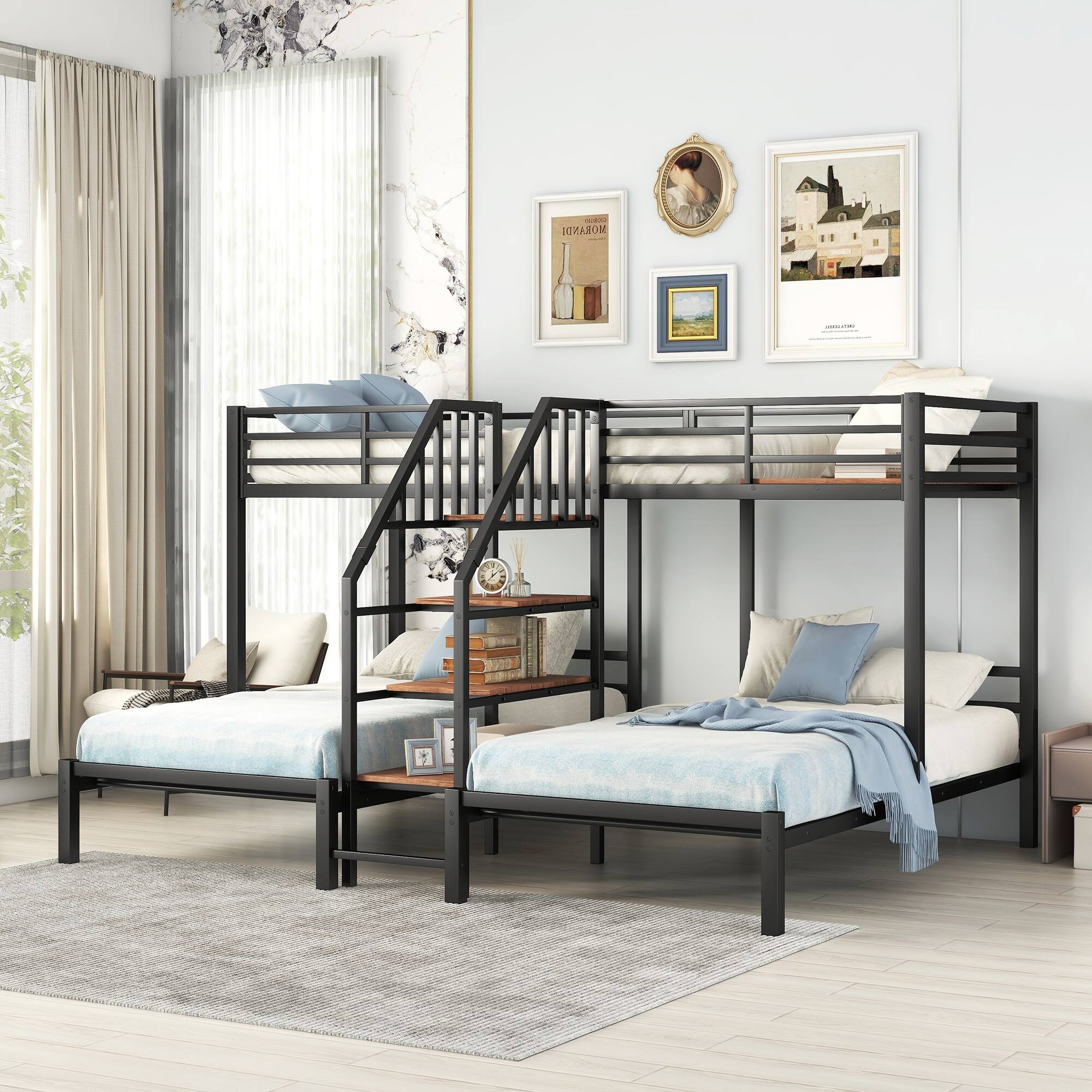 Black Metal Triple Bunk Bed with Storage Shelves Staircase Bed Bath & Beyond 39619827