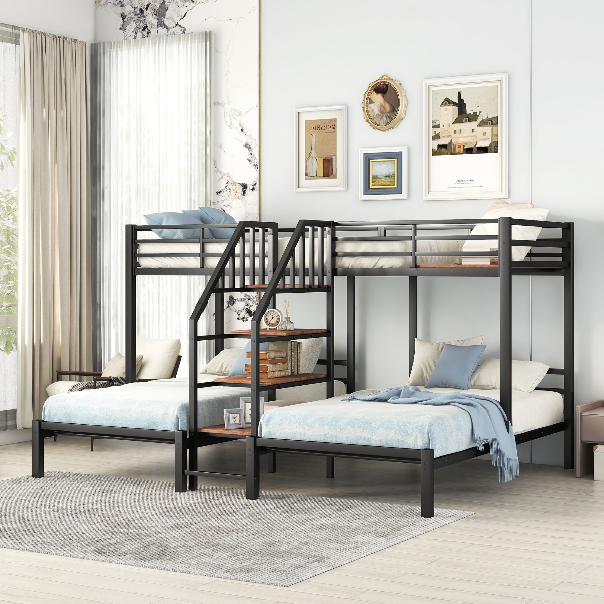 Metal Triple Bunk Bed With Storage Shelves Staircase, Twin Over Twin ...