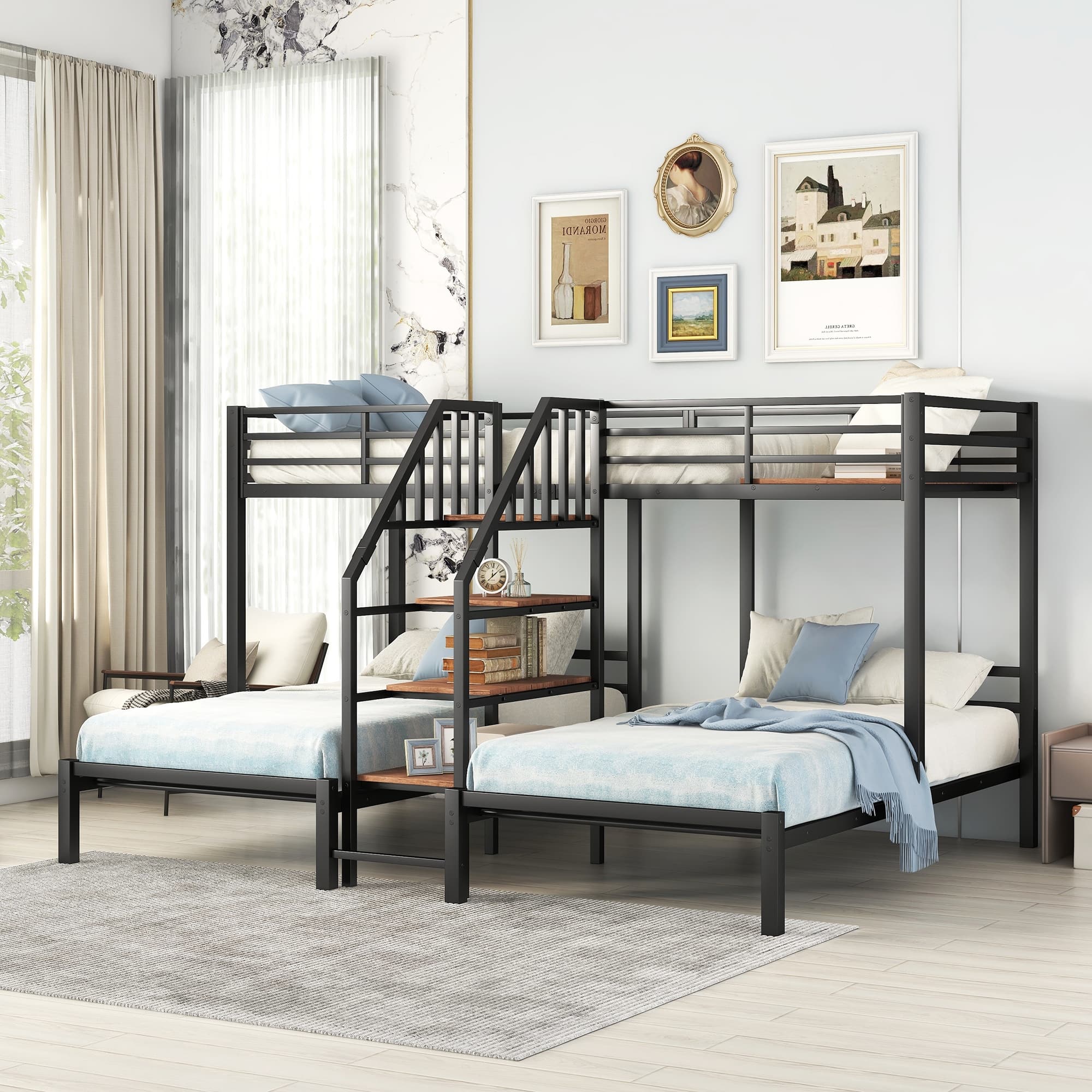 Metal Triple Bunk Bed with Storage Shelves Staircase, Twin over Twin