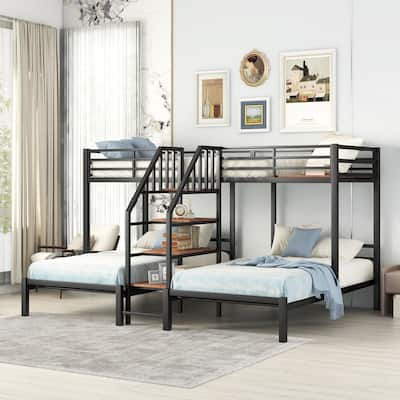 Metal Twin over Twin & Twin Bunk Bed with Storage Shelves Staircase, Triple Bunk Bed Frame, No Box Spring Needed for Kids