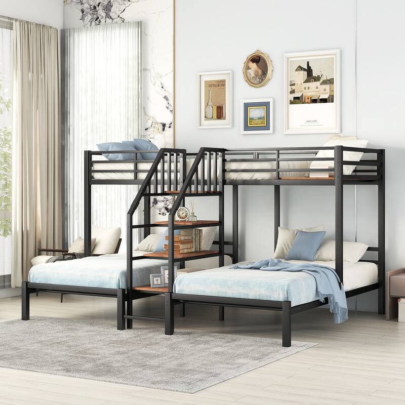 Triple Bunk Bed for Kids, Metal Twin Over Twin & Twin Bunk Bed with Staircase and Storage Shelves, Space-Saving Design