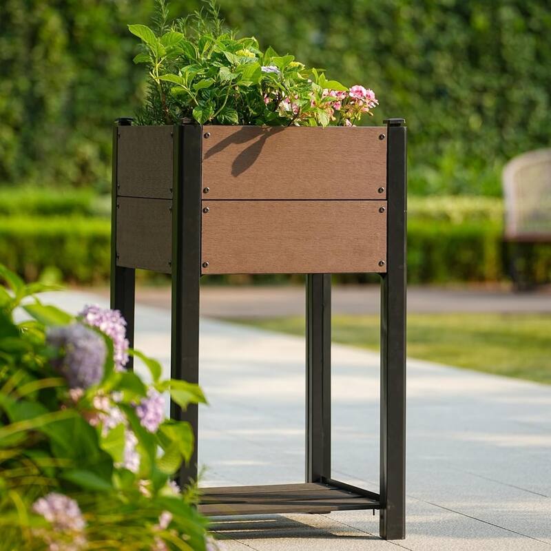 49x49x85cm HDPE Elevated Garden Bed with Storage Shelf - Wood Grain Planter Box with Aluminum Frame