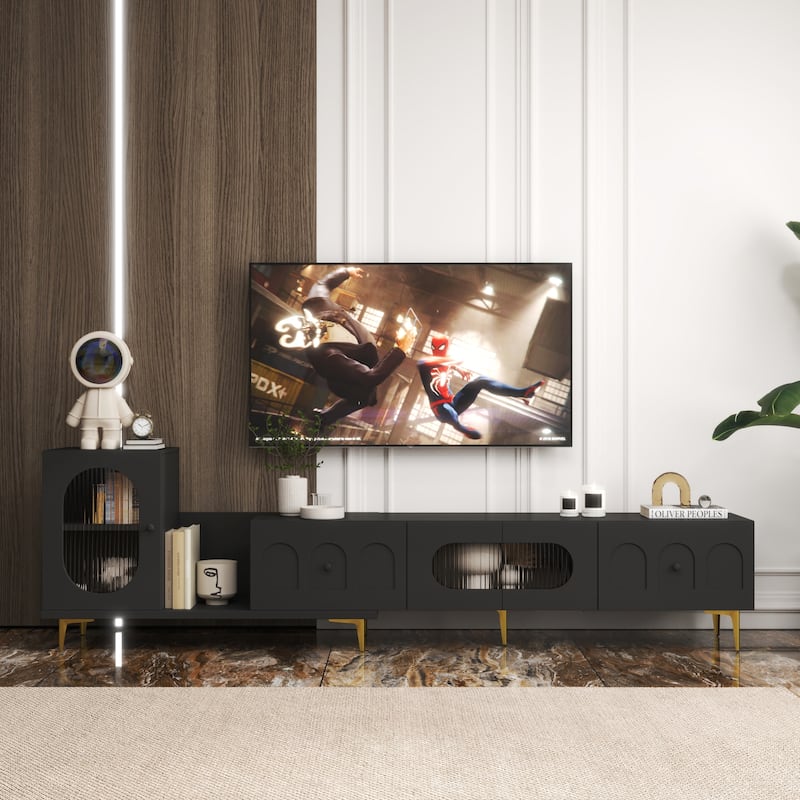 Roomfitters Modern Extendable Wood TV Stand, Rectangle Entertainment Center with 4 Cabinets, Media Console