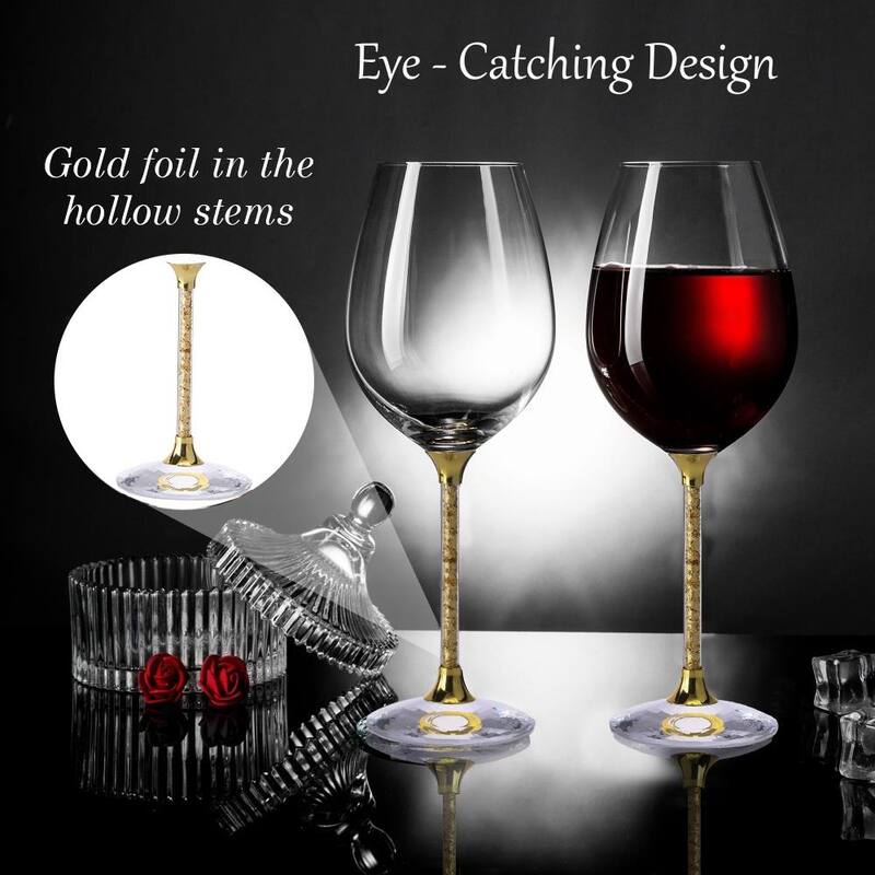 Matashi Crystal Wine Glasses Set of 2, 18.5 oz - Lead-Free Gold Foil Filled Glassware - Wedding & Celebration Drinkware