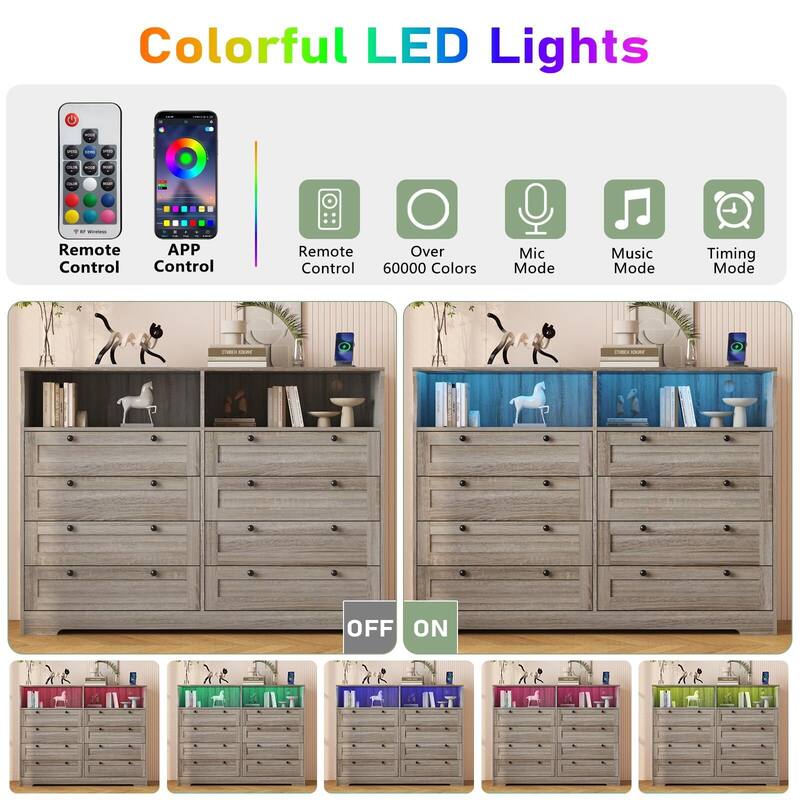 8 Drawers Wooden Dressers for Bedroom Living Room, Hallway, Wood Dressers with Led Lights and Charging Station