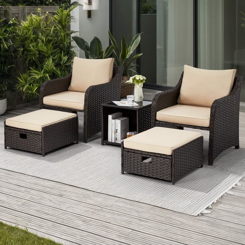 EROMMY 5-Piece Wicker Patio Furniture Set with Cushions - Rattan Chairs, Ottoman & Side Table for Balcony, Outdoor Lounge Set