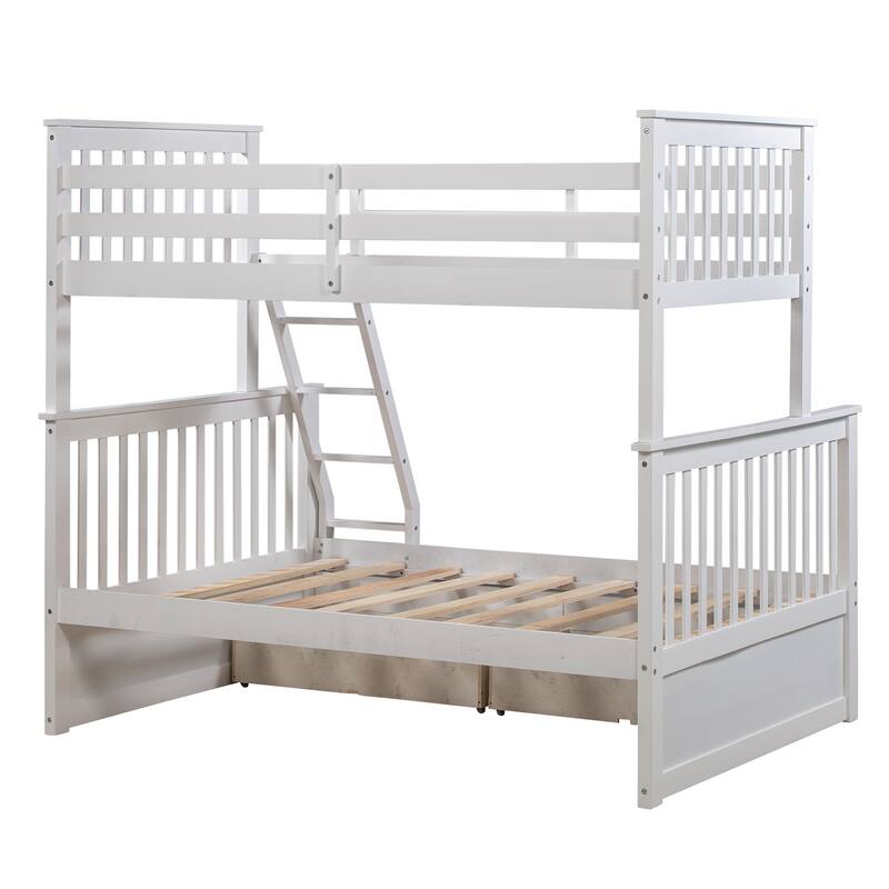 White Twin Over Full Bunk Bed with Storage Drawers, Ladder and Safety Rails