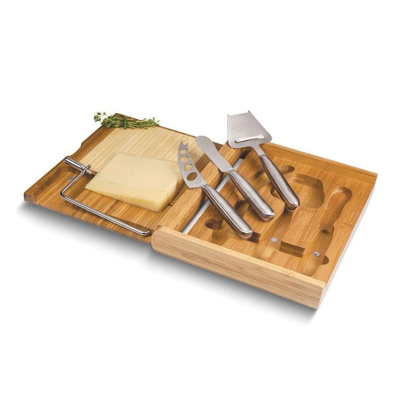 Curata Soiree Folding Bamboo Cheese Board with Stainless Steel Tools and Cheese Wire Inside