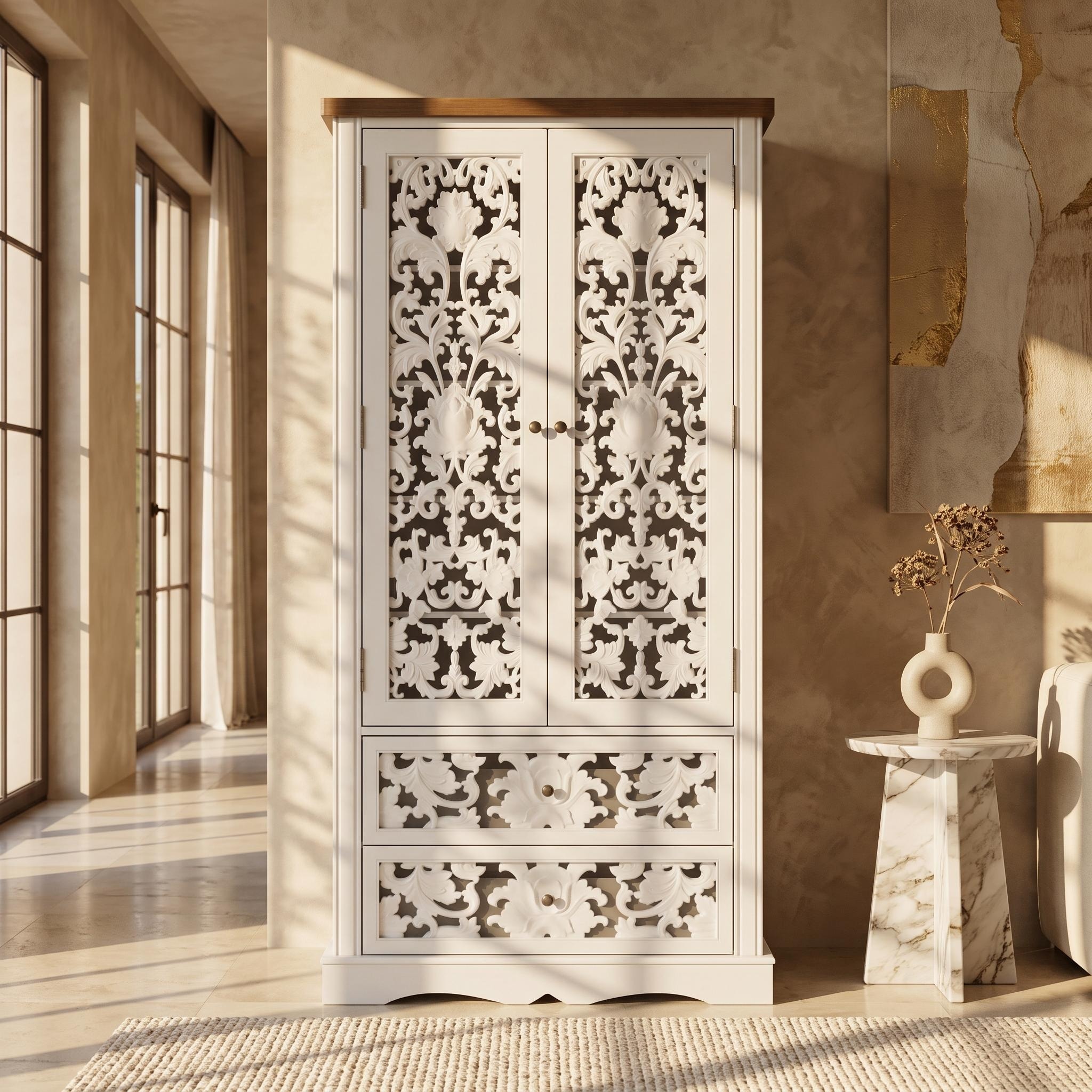 Vintage Carved White Storage Cabinet Accent Cabinet Bookshelves Curio Cabinet