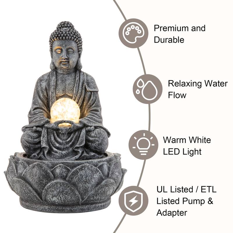 Glitzhome 12"H Zen-Style Polyresin Table Fountain with Pump and LED Light