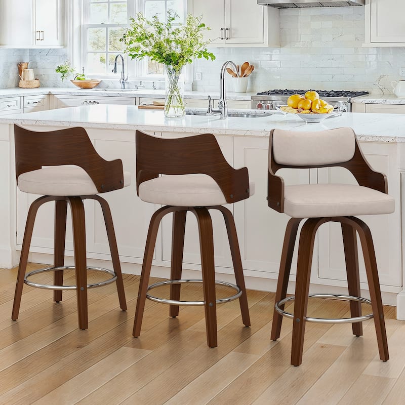 26.in Counter Height Stool Swivel Wooden Faux Leather Bar Stool with Curved Back - Tan Color - Set of 3