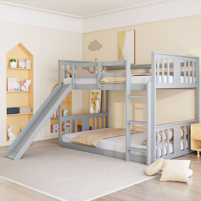 Twin Over Twin Bunk Bed with Slide and Ladder Guardrail Safety Design