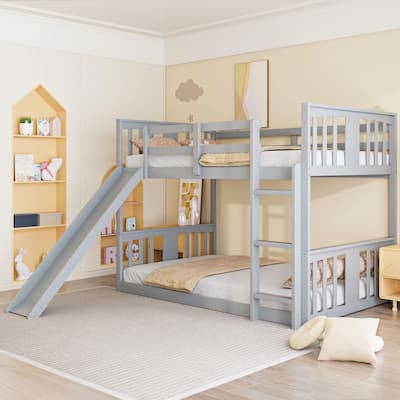 Twin Over Twin Low Bunk Bed with Slide and Ladder, Solid Wood Floor Bunk Bed Frame with Safety Guardrail, Detachable into 2 Beds