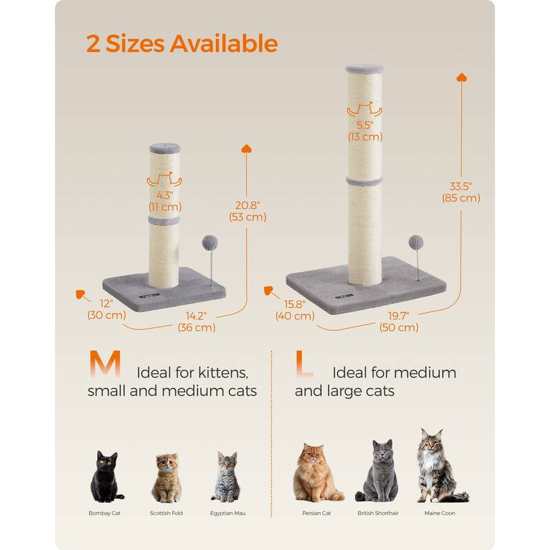 Dove Grey Sisal MDF Plush Cat Scratching Post with Sturdy Base Spring Pompom and Tall Design - 19.7”L x 15.8"W x 33.5"H