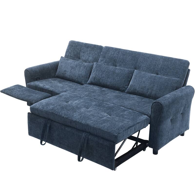 82" Chenille 2-in-1 Sofa Bed with Adjustable Backrest, Reversible Chaise, USB Charging Ports