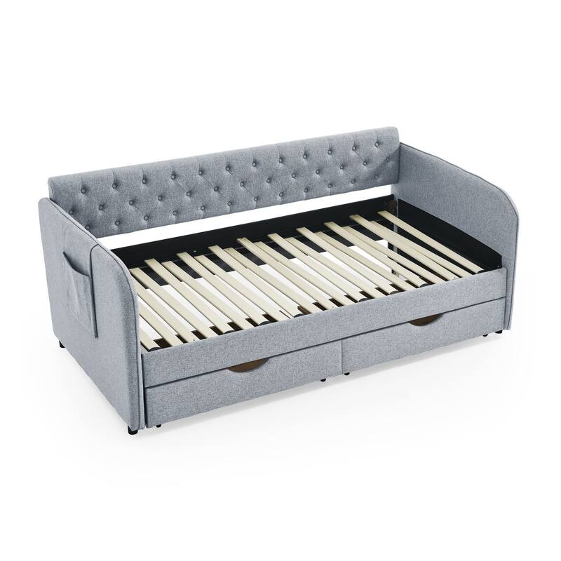 Grey Twin Size Upholstery Daybed with Trundle and Drawers